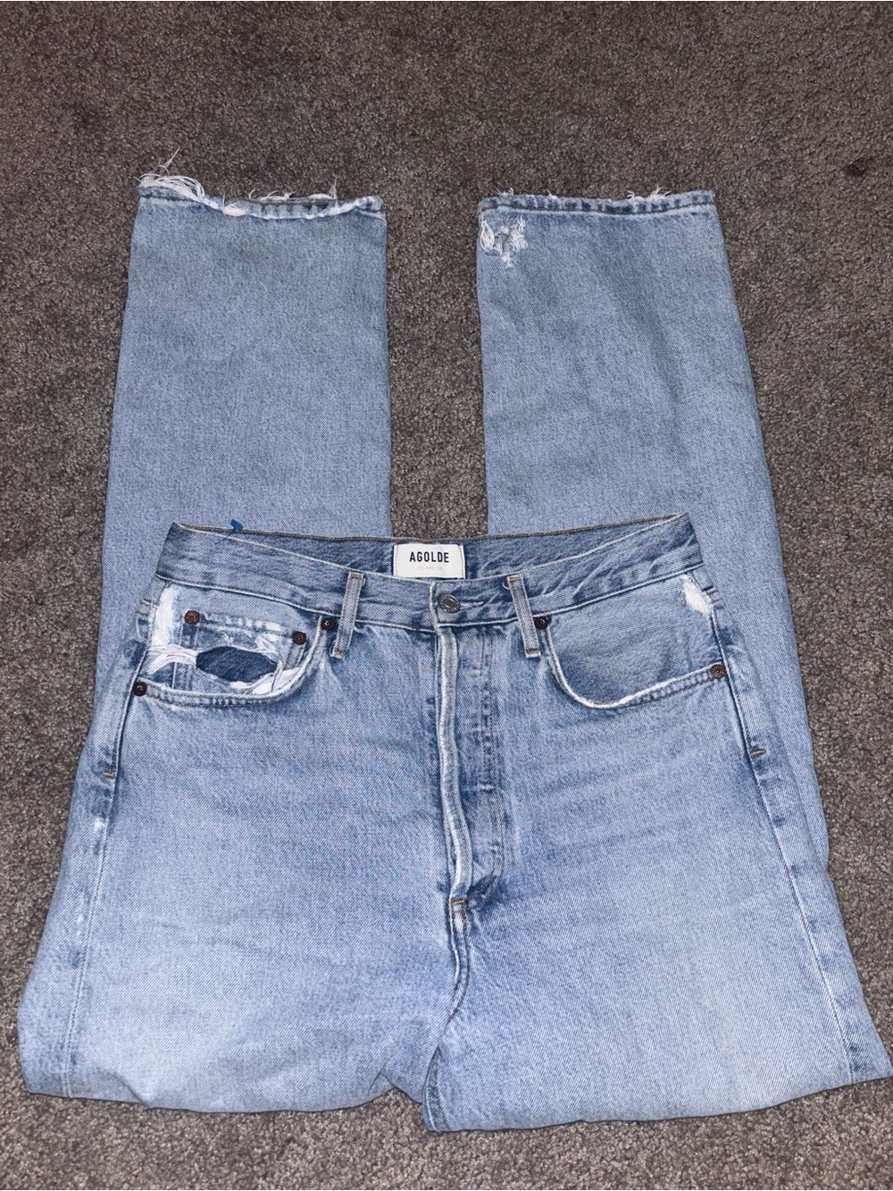 Agolde Women’s Faded Light Blue 90s Mid Rise Distressed Straight Jeans